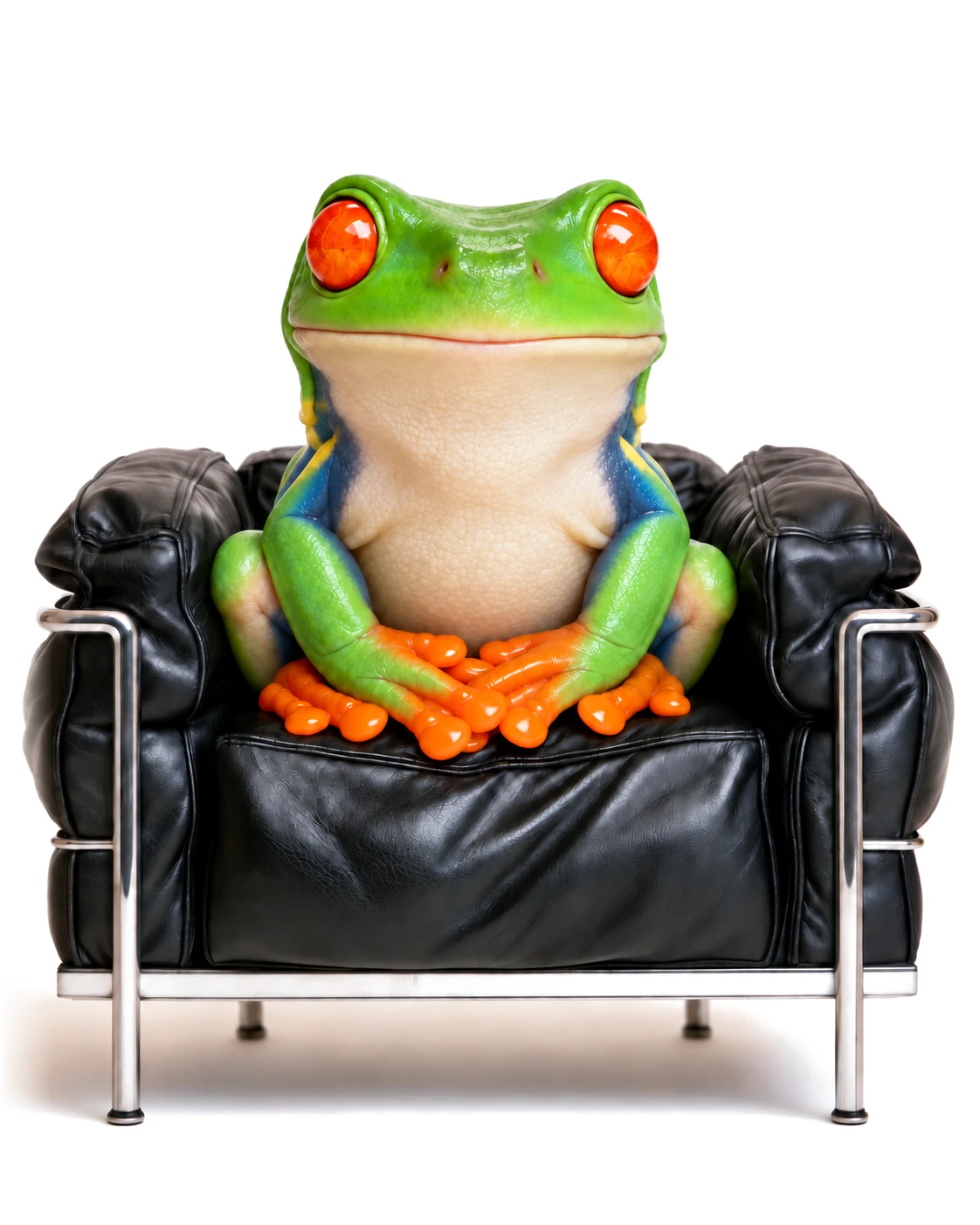 A green tree frog sitting very still in a black leather armchair